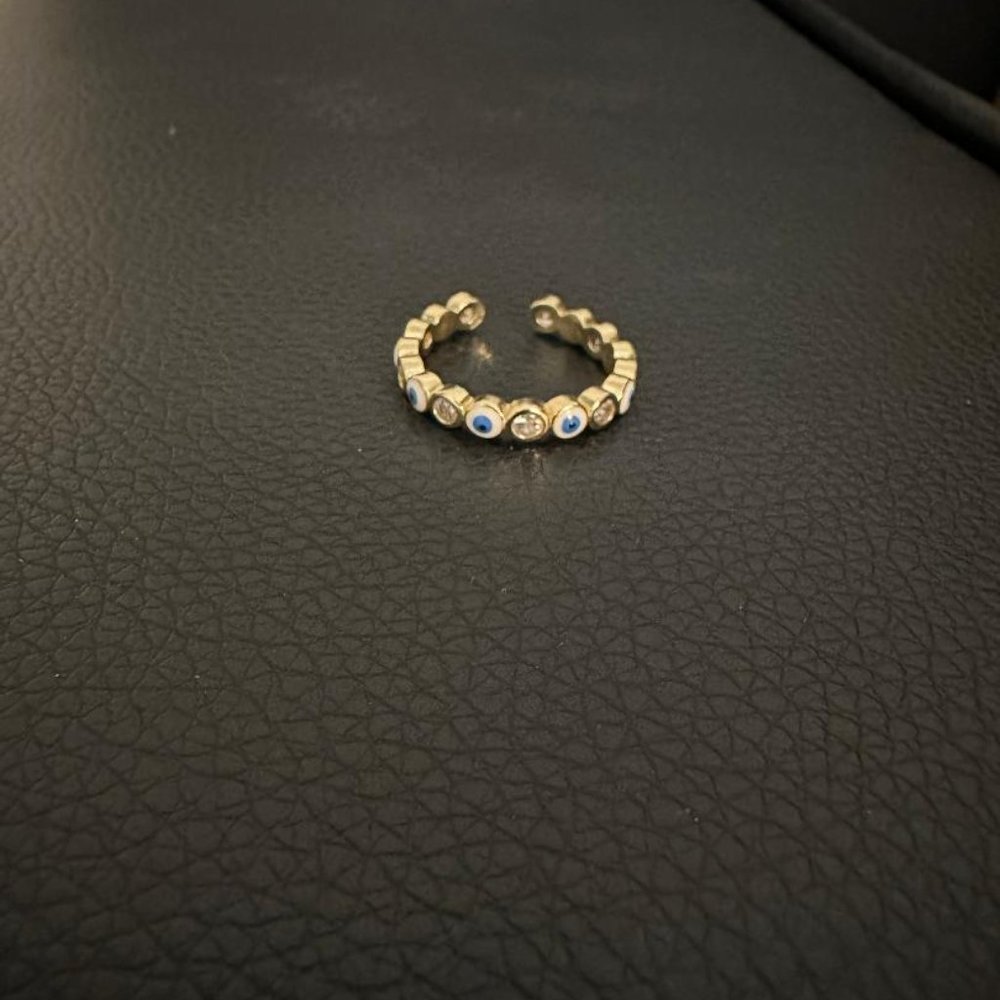 Gold Plated Evil Eye Cubic Zirconia and Enamel Ring Adjustable